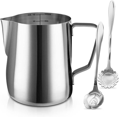 Milk Frothing Pitcher Cup, 12oz/350ML Stainless Steel Steaming Jug for Coffee Latte Art, Barista Accessories