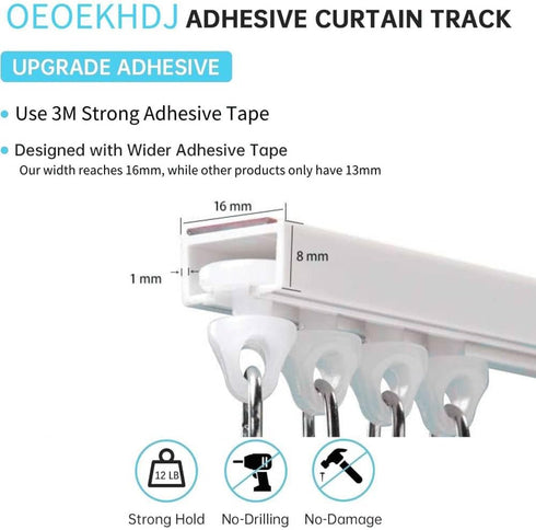 Self Adhesive Ceiling or Wall Curtain Track, No Drill Curtain Rod, No Damage Hangers for Windows, Closet, Bathroom