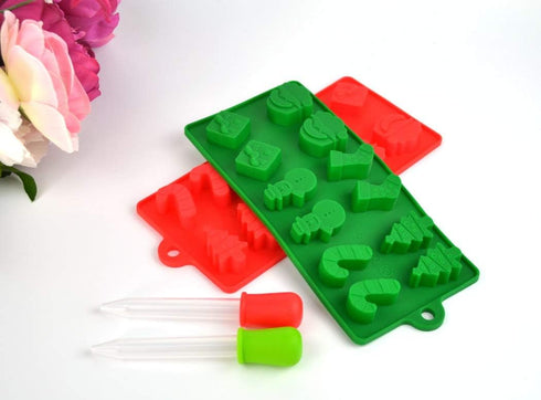 4 pcs (2 Molds + 2 Droppers) Red/Green Christmas Holiday Food Grade Silicone Mold Set for Making Chocolate Candy Ice