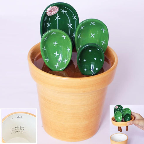 Cactus Measuring Spoons Set in Pot, Cute Ceramic Measuring Cups and Spoons, 1 Tbsp, 1 TSP, 1/2 TSP, 1/4 TSP, 1 Cup,