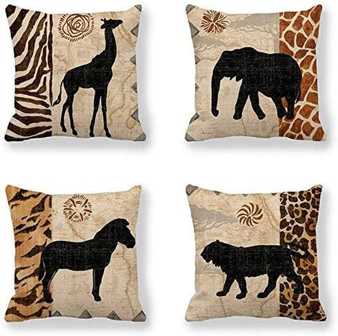 VENUSL Set of 4 Decorative Throw Pillow Covers, African Animals Giraffe, Elephant, Horse, Leopard, 18x18 Inch