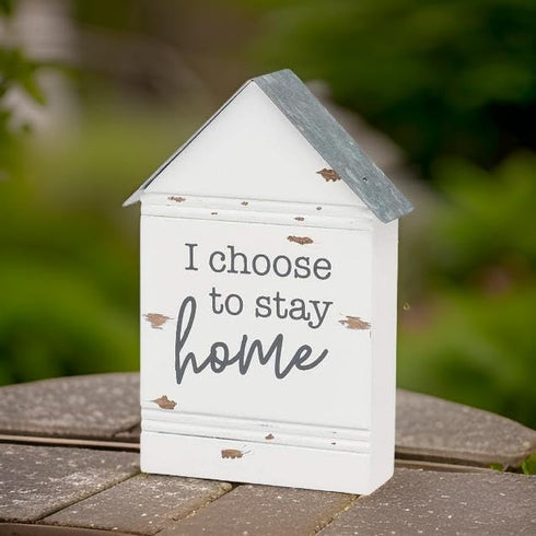 Rustic House-Shaped Mini Wood Block Sign - "I Choose to Stay Home" 3"W x 4"H x 1"D