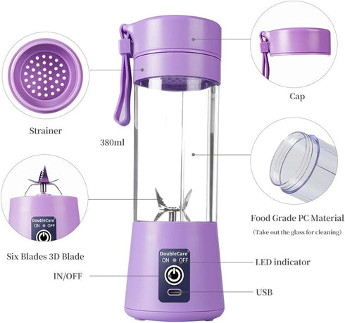 Portable Blender Cup, Electric USB Juicer Blender, Mini Blender for Shakes and Smoothies, 380ml, Light Purple
