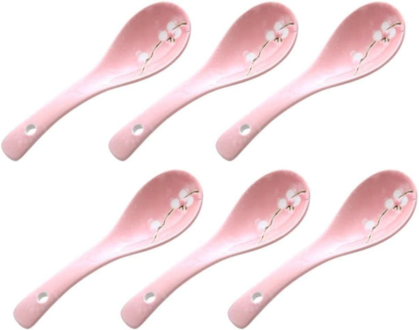 Healvian 6pcs Chinese/Japanese Ceramic Soup Spoons, Pink Snow Pattern Porcelain Ramen Spoons for Soup, Dumpling