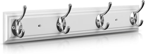Coat Rack Wall Mounted White, 17" Wooden Modern Coat Hanger with 4 Hooks, Heavy Duty Zinc Alloy Wall Hook Rack