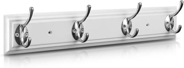 Coat Rack Wall Mounted White, 17" Wooden Modern Coat Hanger with 4 Hooks, Heavy Duty Zinc Alloy Wall Hook Rack