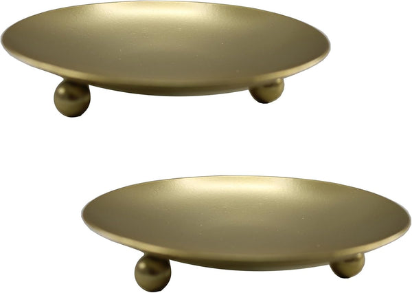 2Pcs Decorative Iron Plate Candle Holder Set - 4.33 Inch Elegant Gold Pedestal Stands for Home, Wedding, Birthday