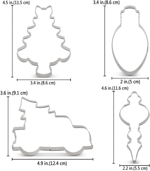 LILIAO Christmas Cookie Cutter Set, 4-pc Stainless Steel Cutters: Pickup Truck with Christmas Tree, Light Bulb, Ornament