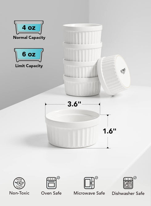 LE TAUCI Ramekins - 4 OZ Oven Safe, Creme Brulee Ramekins, Pudding Custard Cups, Set of 6, White