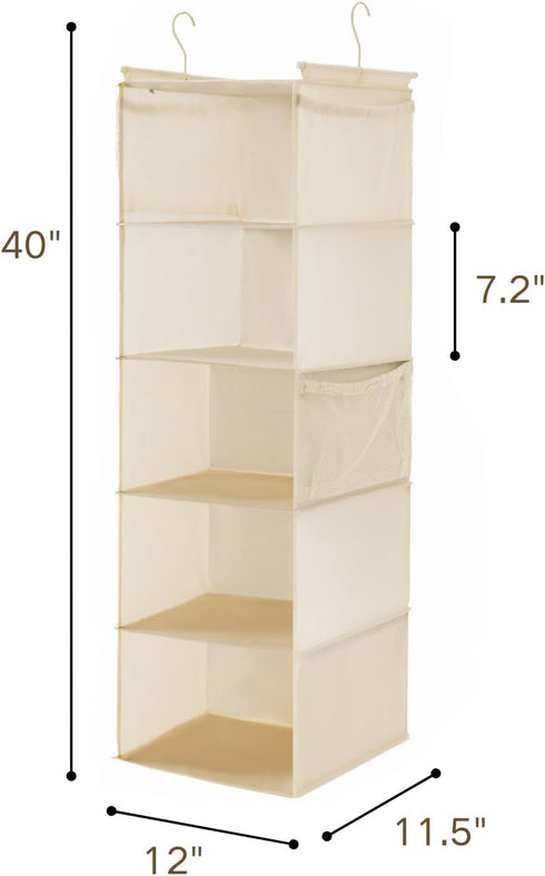 MAX Houser 5 Shelf Hanging Closet Organizer, Foldable Cloth Shelves with 4 Side Pockets, Space Saver - Beige