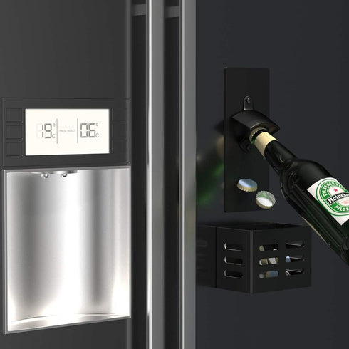 Magnetic Bottle Opener with Cap Catcher, Removable Wall Mounted Beer Opener for Kitchen Fridge (Black)