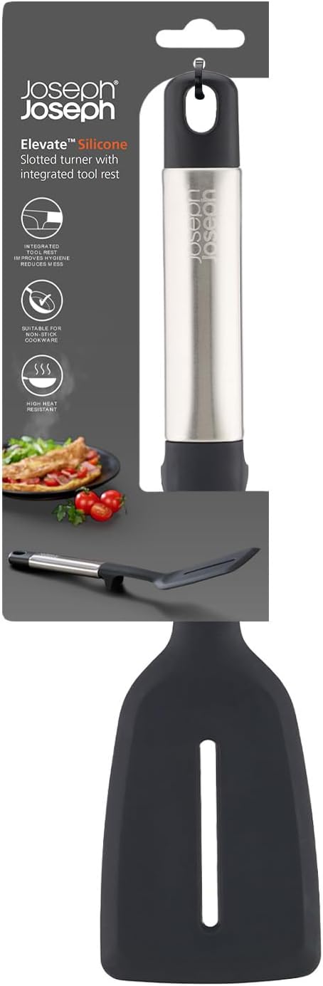 Joseph Joseph Elevate Silicone Slotted Turner, One Size Stainless Steel with Integrated Tool Rest