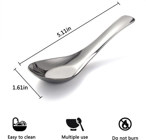 Stainless Steel Soup Spoons Set of 6 - Mirror Polished Asian Spoons for Bouillon, Dessert, Cereal