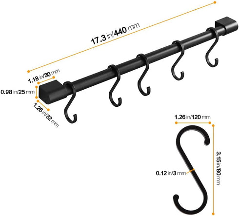 MIAOHUI Kitchen Rail with Hooks - Pot Hangers for Wall Mount, Utensil Rack with Removable S Hook, Aluminum, Black