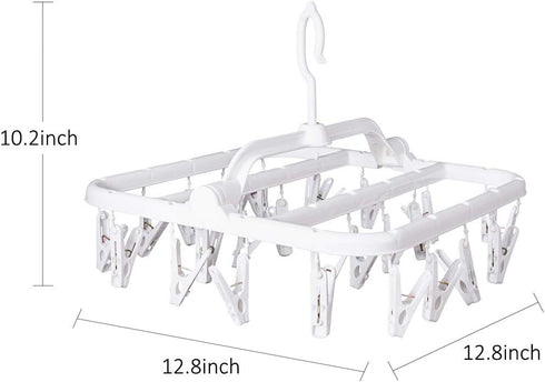 Foldable Clip Hangers with 26 Drying Clips, Plastic Laundry Clip and Drip Drying Hanger for Socks, Bras, White