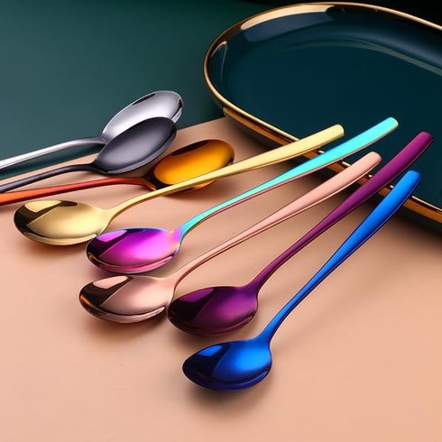 Metal Round Spoons, 8 inch Stainless Steel Reusable Long Handle Korean Soup Spoons, Table Dinner Desert Spoon Set of 8