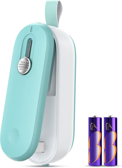 Mini Bag Sealer, 2 in 1 Heat Seal with Cutter and Lanyard, Portable Resealer Machine for Plastic Snack Bags (Batteries