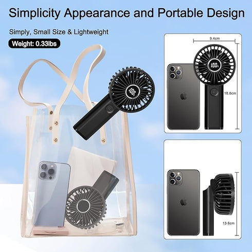 Mini Portable Fan, Powerful Handheld Fan with LED Display, 3 In 1 Personal Fan for Travel Outdoor (Black)