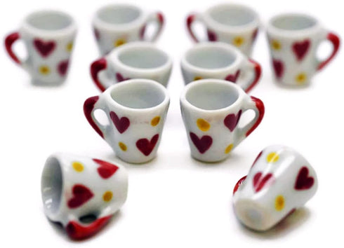 Inch 10 Set ChangThai Design Very Tiny White Red Hearts Ceramic Coffee Mug Pieces - Miniature Tableware Cup Tray Bowl