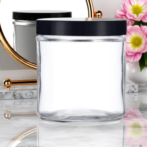 16 oz Large Clear Thick Glass Jar with Black Foam Lined Lid, 4 Pack