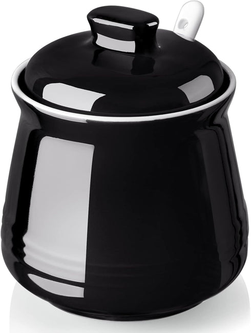 Sugar Bowl with Lid and Spoon, 12 oz Ceramic Sugar Container for Coffee Bar, Modern Kitchen Decor, Black Sugar Jar