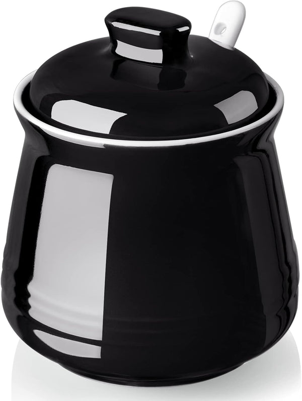 Sugar Bowl with Lid and Spoon, 12 oz Ceramic Sugar Container for Coffee Bar, Modern Kitchen Decor, Black Sugar Jar
