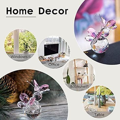 H&D HYALINE & DORA Pink Crystal Cut Double Butterfly Figurine, Handmade Art Glass Collectible Gift, Gift Boxed