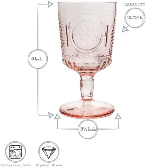 Bormioli Rocco Romantic Colored Crystal Glass Stemware Set of 4, 10.75 Oz, Cotton Candy Pink, Made in Italy.