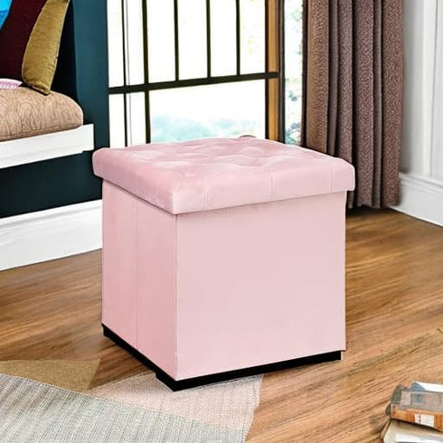 B FSOBEIIALEO Storage Ottoman Cube, Velvet Tufted Folding Ottomans with Lid, Footstool Rest Padded Seat for Bedroom