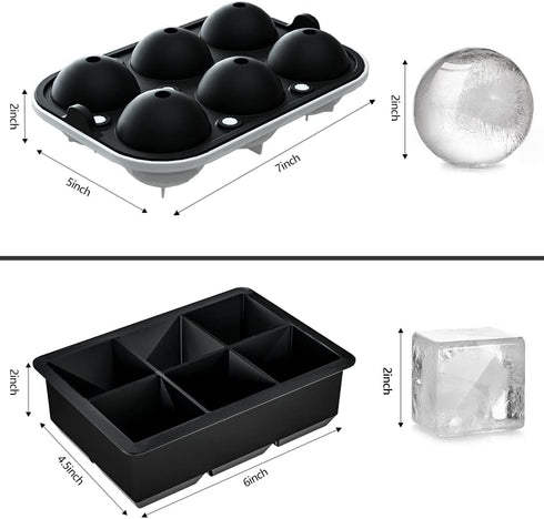 ROTTAY Ice Cube Trays (Set of 2) - Sphere Ice Ball Maker & Large Square Ice Cube Maker for Drinks, Black