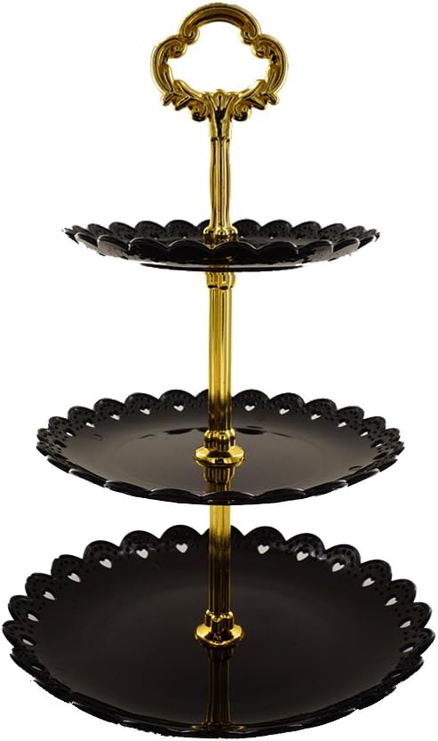 Artliving 3-Tier Plastic Cake Stand Dessert Stand, Cupcake Stand Tea Party Serving Platter, Black Gold