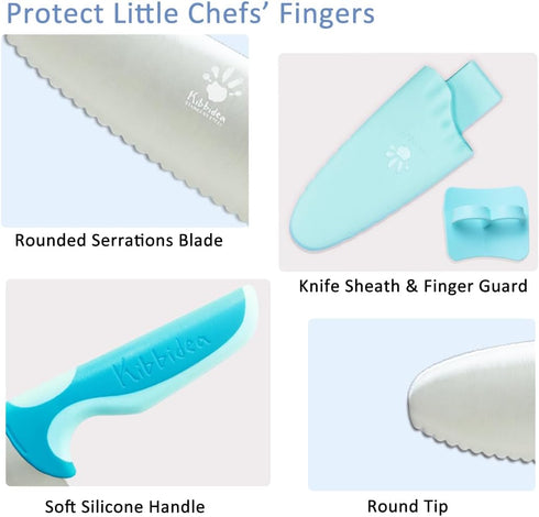 Kids Knife Set, 4 Pcs Safe Cooking Knives, Round Tip, BPA-Free Stainless Steel, Blue
