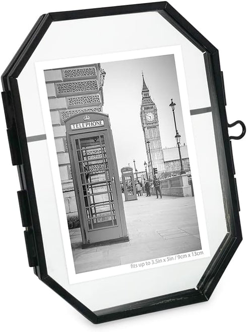 Isaac Jacobs 3.5x5 Vintage Style Octagon Brass & Glass Floating Picture Frame, Tabletop Display, Locket Closure