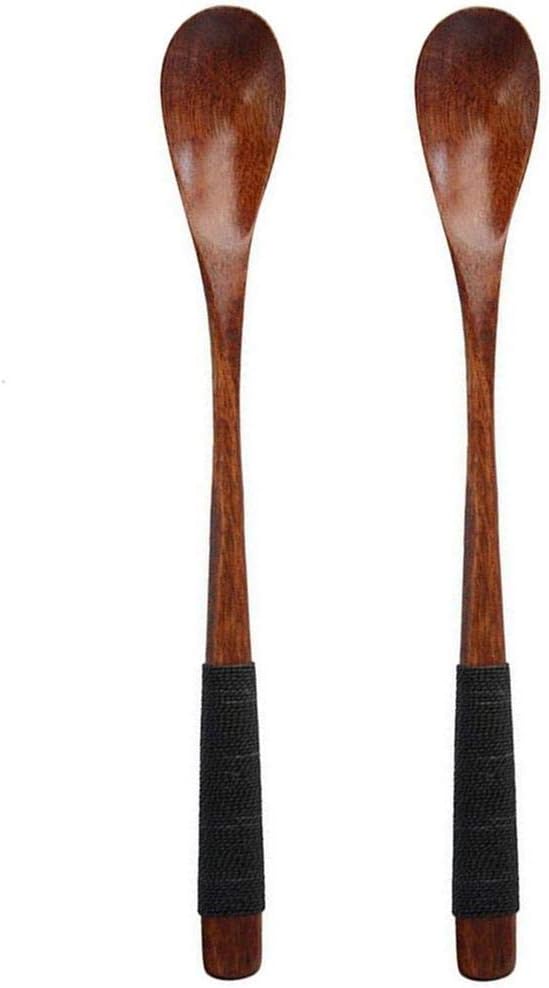 2 Set of Retro Handcrafted Wooden Long Coffee Tea Spoons with Cable Tie