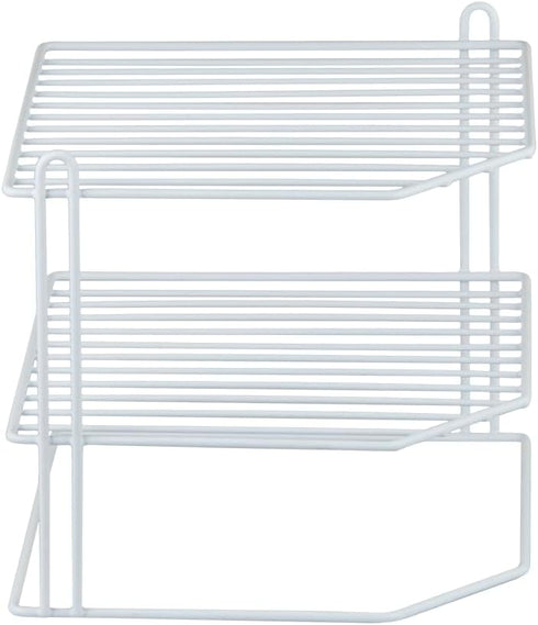 2-Tier 9x9x8.5in Home Basics Corner Rack, White, Vinyl Coated Steel, Rust Resistant, Shelf, Keeps Spices and Cups