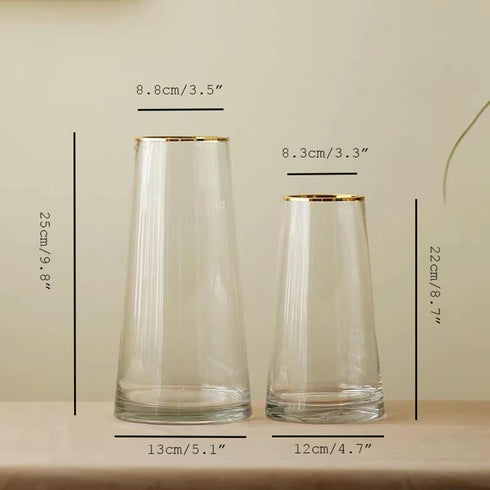 Moden Small Trapezoid Glass Vase with Gold Mouth for Home Wedding Centerpieces Decoration (4.7" x 8.7")