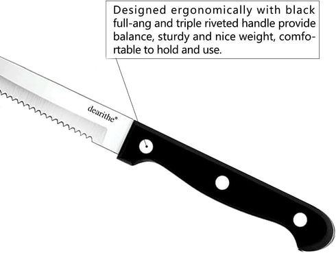 Set of 6 Steak Knives, Black Full-Tang Triple Rivet Serrated Stainless Steel Flatware, 4.5 Inches, Dishwasher Safe