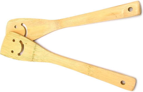 2-Piece 12-Inch Bamboo Smiley Face Wooden Spoons & Spatula, Kitchen Cooking Tools for Nonstick Cookware