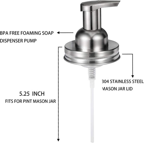 Amolliar Mason Jar Foaming Soap Dispenser Pump Lids, Rustproof Stainless Steel for Regular Mouth Mason Jar, 2Pack