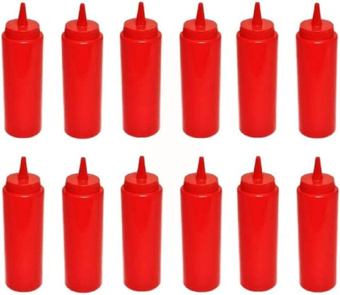 TrueCraftware - 12 oz Red Squeeze Condiment Dispensing Bottles Set of 12- Plastic