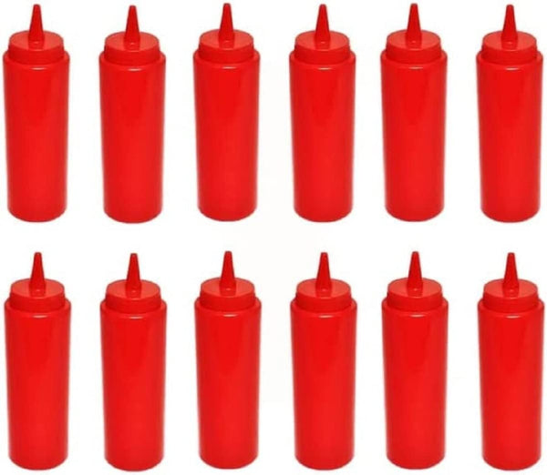 TrueCraftware - 12 oz Red Squeeze Condiment Dispensing Bottles Set of 12- Plastic
