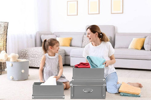 Foldable Storage Baskets, 3 Piece Waterproof Plastic Box with Lid for Toys/Shoes, Multiple Sizes, Grey
