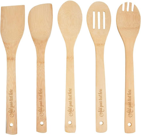 PrintSupremacy Custom Engraved Bamboo Cooking Spoons Set, Non-Stick Wooden Kitchen Gadget, 5 Pieces for Baking Gift
