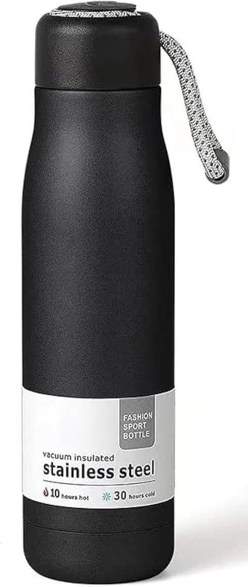 Water Bottle with Portable Lid, Metal Thermos Vacuum Insulated Stainless Steel, Reusable Leak Proof Flask (17oz, Black)