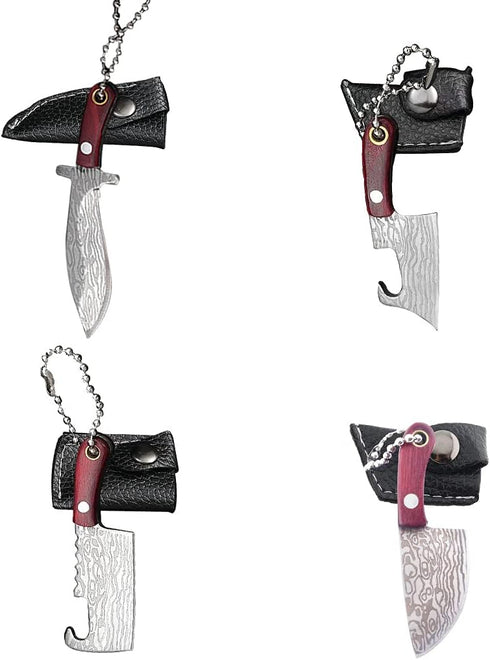 HAOXU Mini Pocket Knife Set, Damascus Tiny Knife for Beer Bottle Opener, Package Box Cutter, Necklace Knife - 4pcs