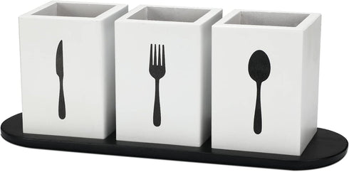 Kathfly 4 Pcs Silverware Caddy Utensil Holder for Countertop, Wood Tray Spoon Fork Holder for Kitchen Parties (White)
