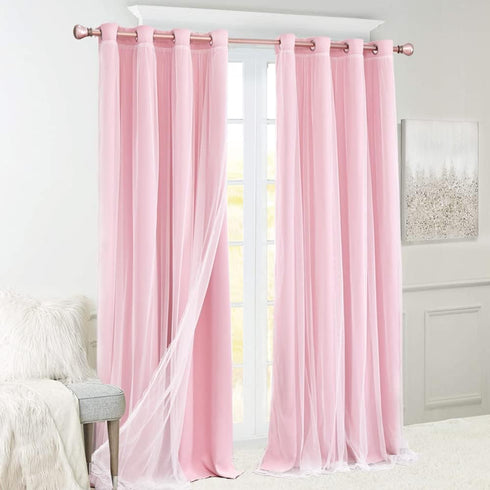 2 52x84 Inches Pink Blackout Curtains with Sheer Overlay, Panels, Thermal Insulated & Soundproof, Lace Trim