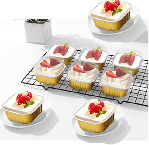 25 pcs Mini Square Baking Cups, 10 oz Aluminum Foil Mini Cake Pans with Lids for Catering