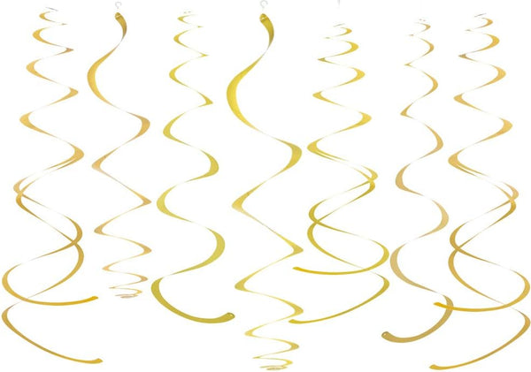 Gold Party Hanging Swirl Decorations - Plastic Streamer for Ceiling, Pack of 28