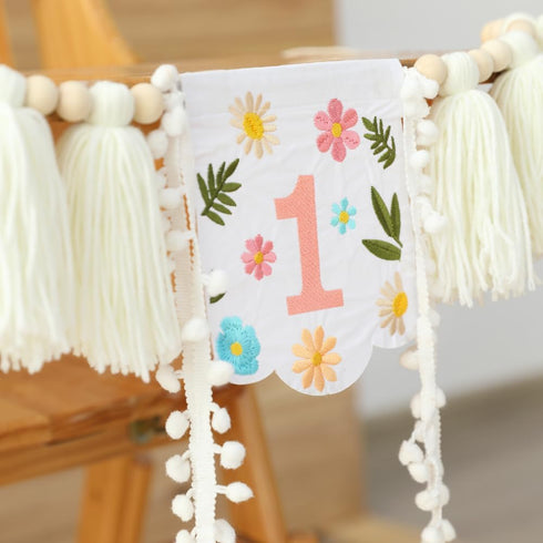 FESTELLAR 1st One Banner Embroidery First Birthday High Chair Butterfly Fairy Girl Highchair Banner Happy Party One